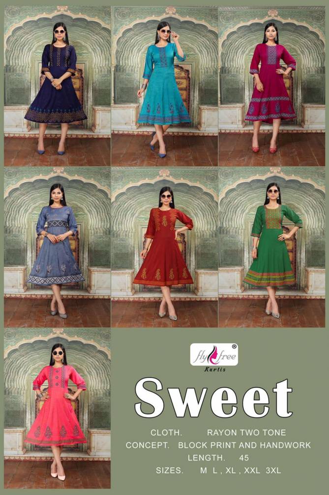 Fly Free Sweet Latest Fancy Ethnic Wear Rayon Anarkali Kurti Collection